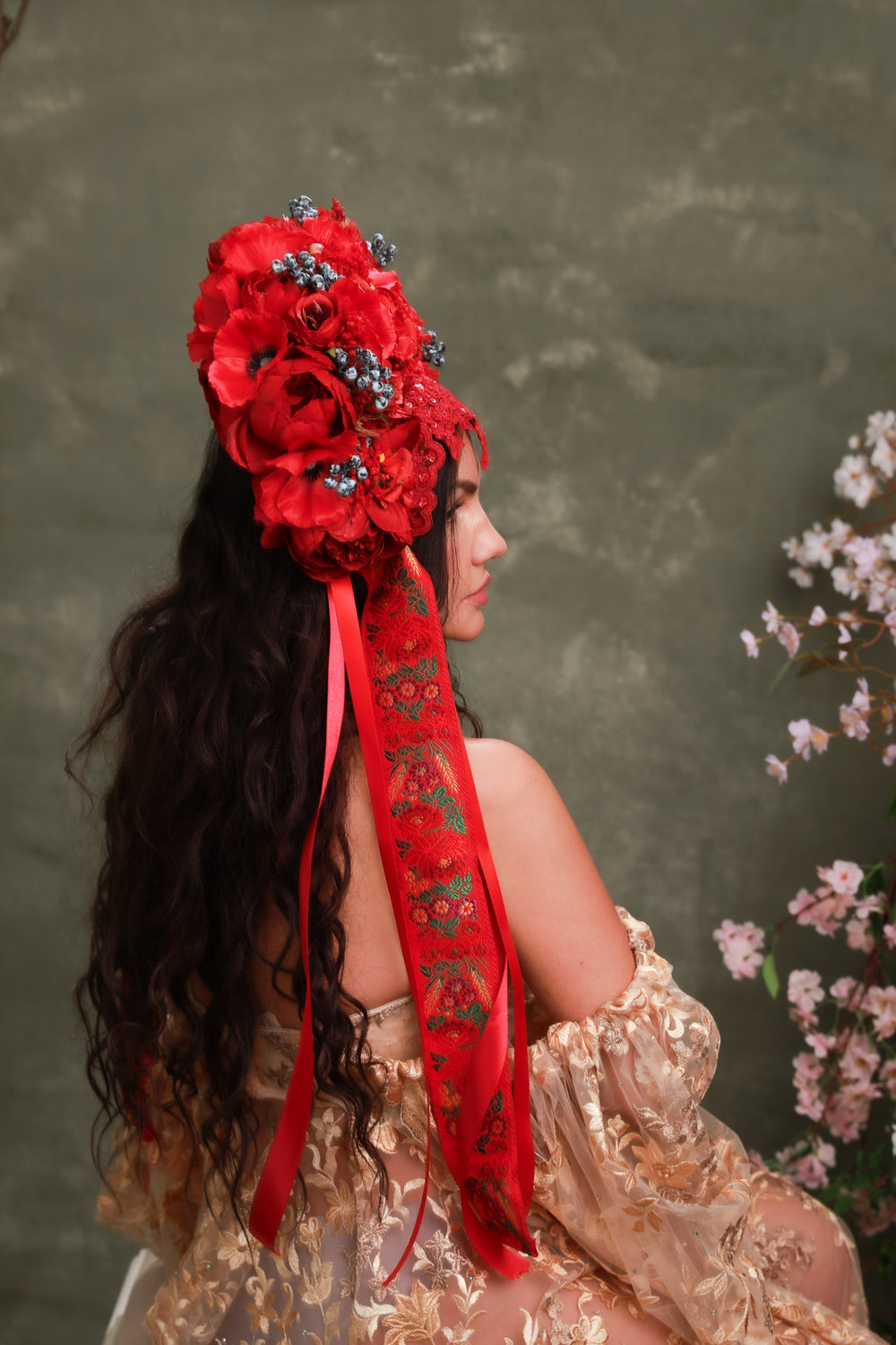 Red Folk Bridal Crown with Poppies, Roses and Berries – Bold Slovak Wedding Headpiece – handmade floral hair accessory by magaela