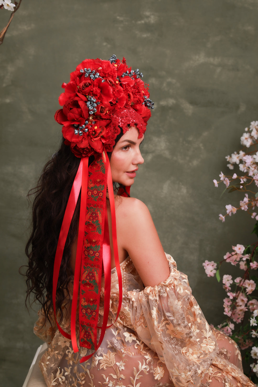 Red Folk Bridal Crown with Poppies, Roses and Berries – Bold Slovak Wedding Headpiece – handmade floral hair accessory by magaela