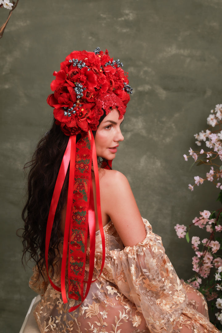 Red Folk Bridal Crown with Poppies, Roses and Berries – Bold Slovak Wedding Headpiece – handmade floral hair accessory by magaela