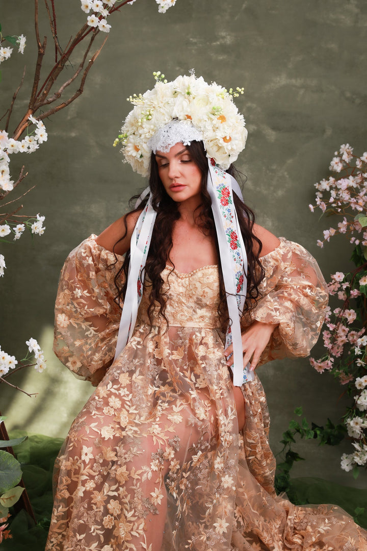 White Folk Bridal Crown with Daisies – Traditional Slovak Wedding Headpiece – handmade floral hair accessory by magaela