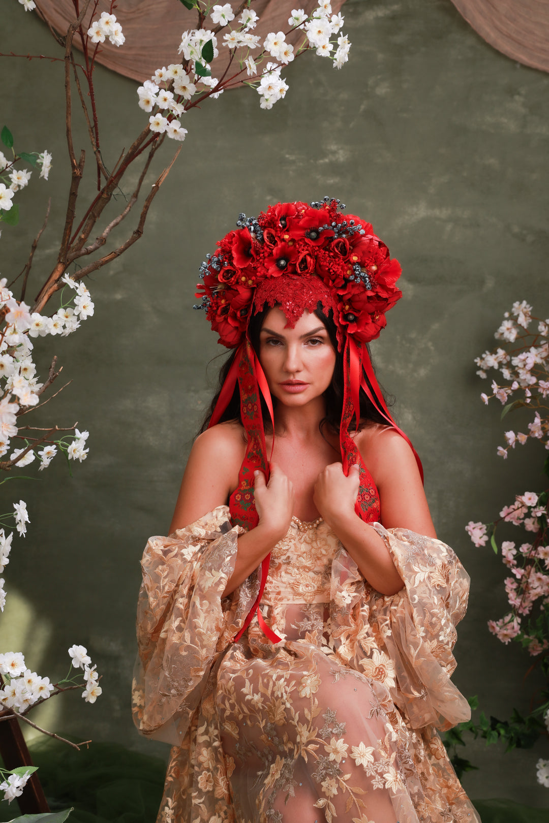Red Folk Bridal Crown with Poppies, Roses and Berries – Bold Slovak Wedding Headpiece – handmade floral hair accessory by magaela