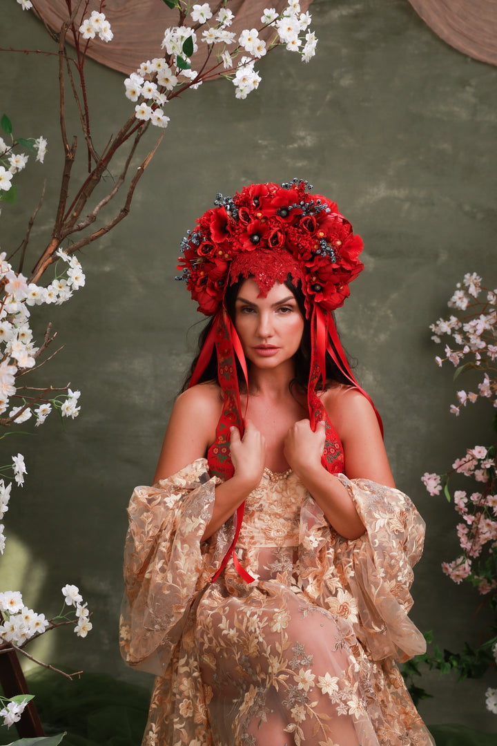 Red Folk Bridal Crown with Poppies, Roses and Berries – Bold Slovak Wedding Headpiece – handmade floral hair accessory by magaela