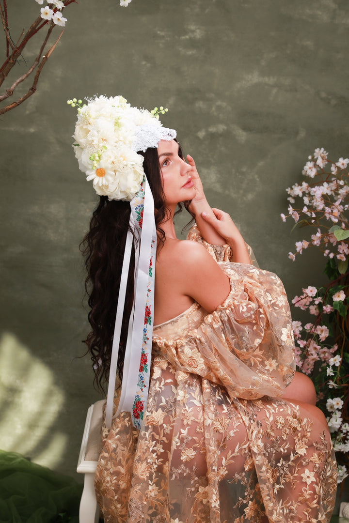 White Folk Bridal Crown with Daisies – Traditional Slovak Wedding Headpiece – handmade floral hair accessory by magaela