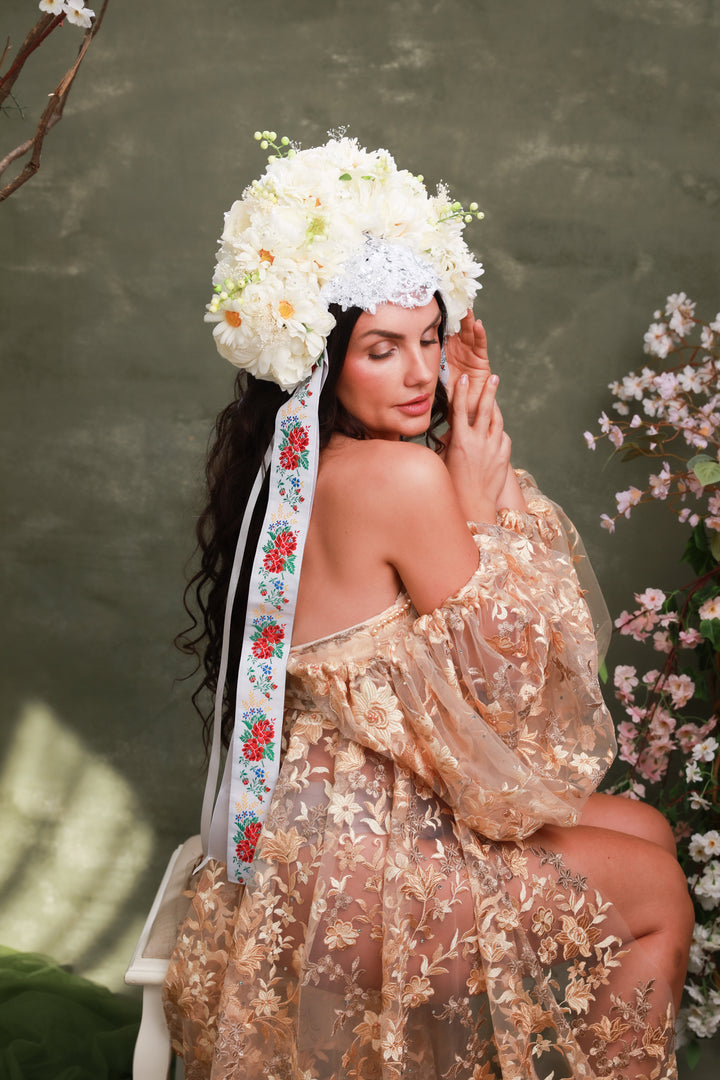 White Folk Bridal Crown with Daisies – Traditional Slovak Wedding Headpiece – handmade floral hair accessory by magaela