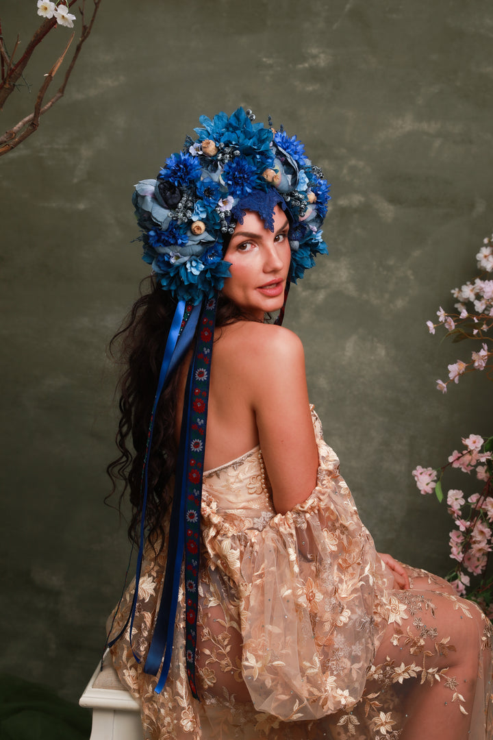 Blue Folk Bridal Crown with Cornflowers, Dahlias and Poppies – Artistic Wedding Headpiece – handmade floral hair accessory by magaela