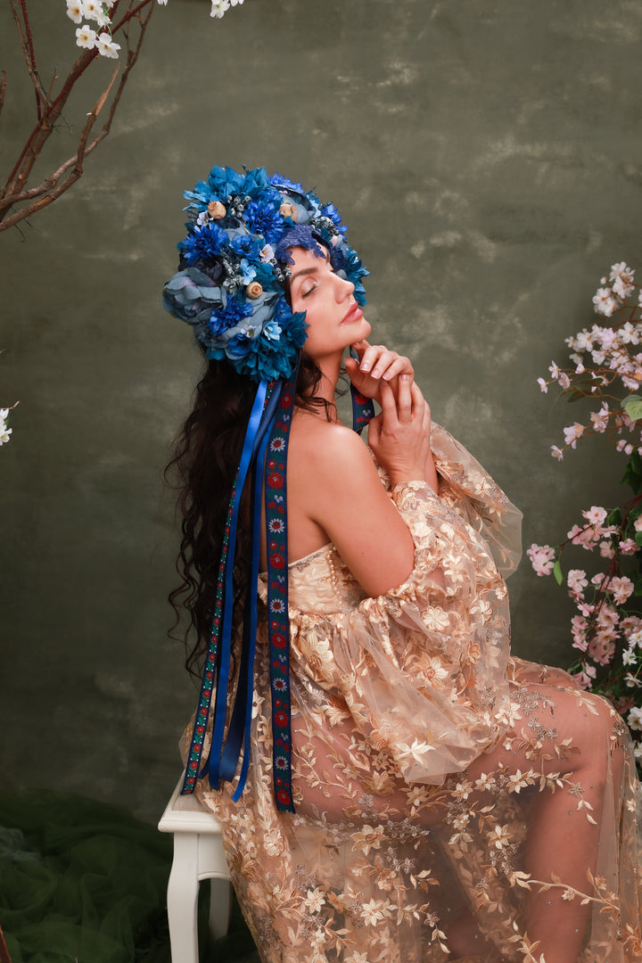Blue Folk Bridal Crown with Cornflowers, Dahlias and Poppies – Artistic Wedding Headpiece – handmade floral hair accessory by magaela