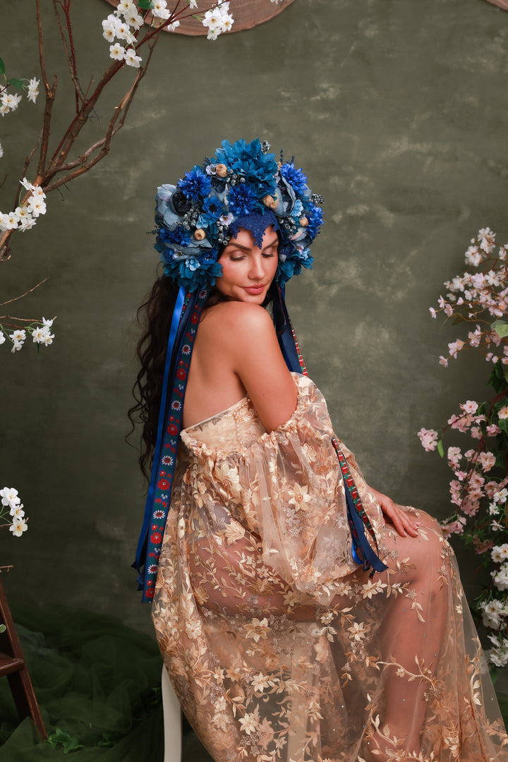 Blue Folk Bridal Crown with Cornflowers, Dahlias and Poppies – Artistic Wedding Headpiece – handmade floral hair accessory by magaela
