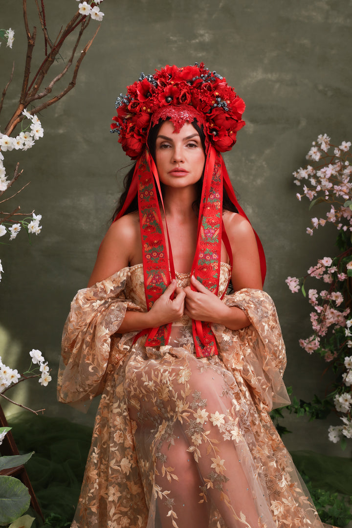 Red Folk Bridal Crown with Poppies, Roses and Berries – Bold Slovak Wedding Headpiece – handmade floral hair accessory by magaela