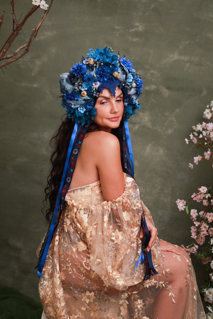 Blue Folk Bridal Crown with Cornflowers, Dahlias and Poppies – Artistic Wedding Headpiece – handmade floral hair accessory by magaela