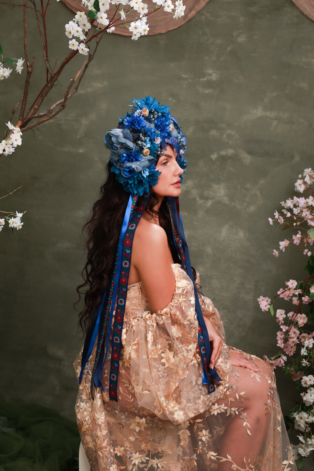 Blue Folk Bridal Crown with Cornflowers, Dahlias and Poppies – Artistic Wedding Headpiece – handmade floral hair accessory by magaela