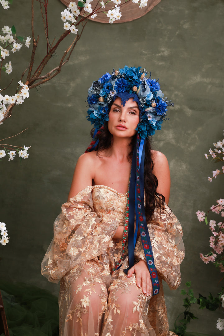 Blue Folk Bridal Crown with Cornflowers, Dahlias and Poppies – Artistic Wedding Headpiece – handmade floral hair accessory by magaela