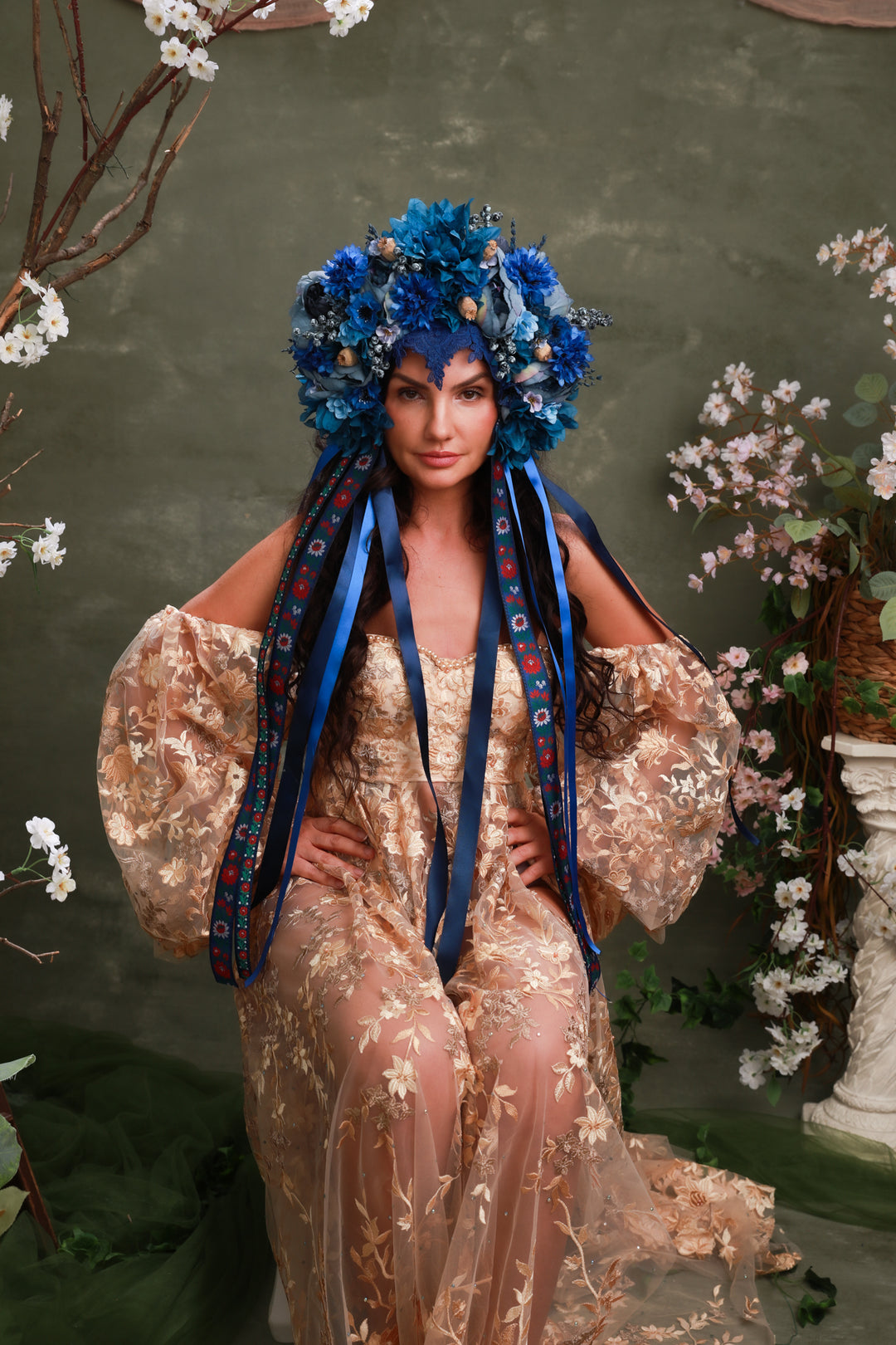 Blue Folk Bridal Crown with Cornflowers, Dahlias and Poppies – Artistic Wedding Headpiece – handmade floral hair accessory by magaela