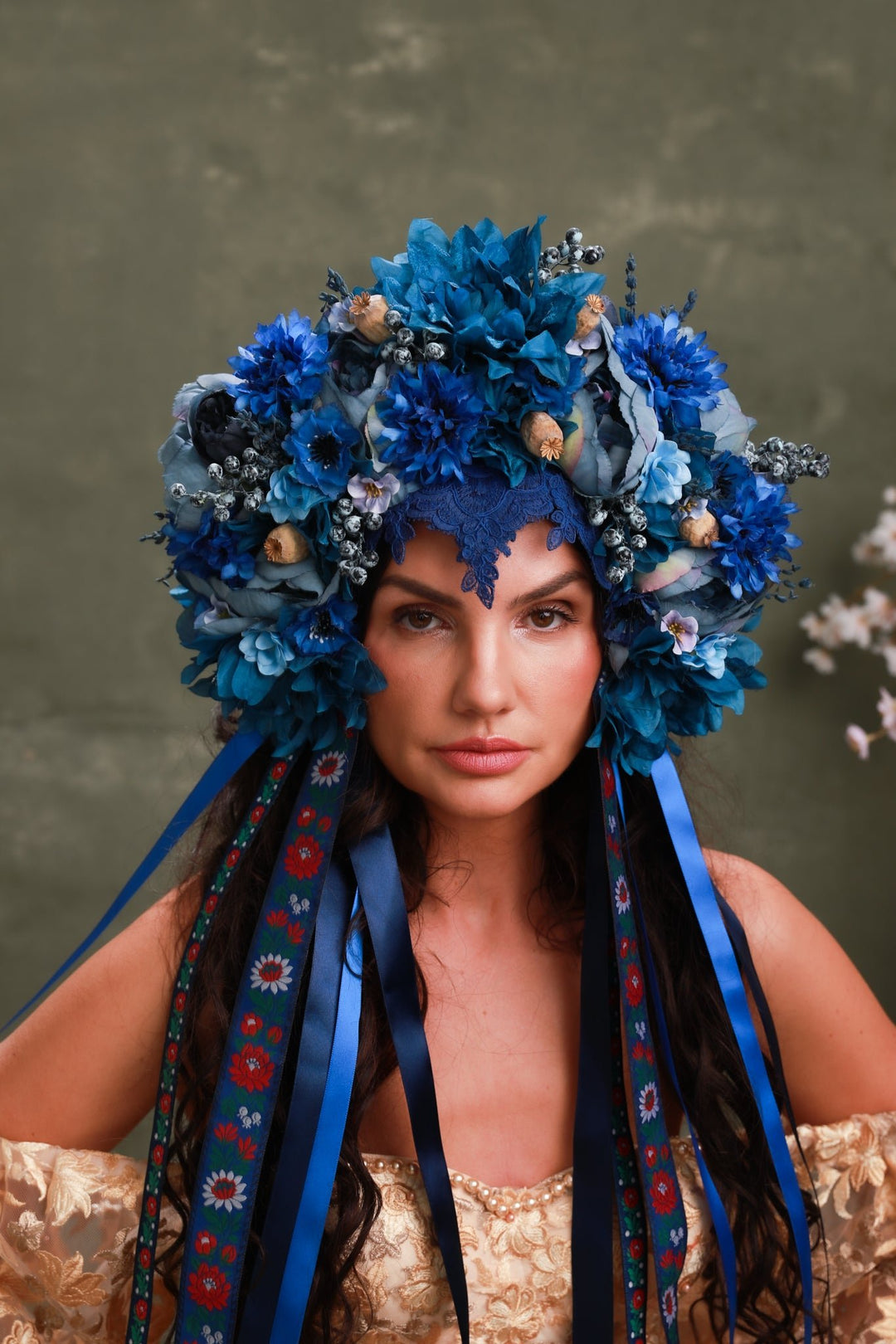 Blue Folk Bridal Crown with Cornflowers, Dahlias and Poppies – Artistic Wedding Headpiece – handmade floral hair accessory by magaela