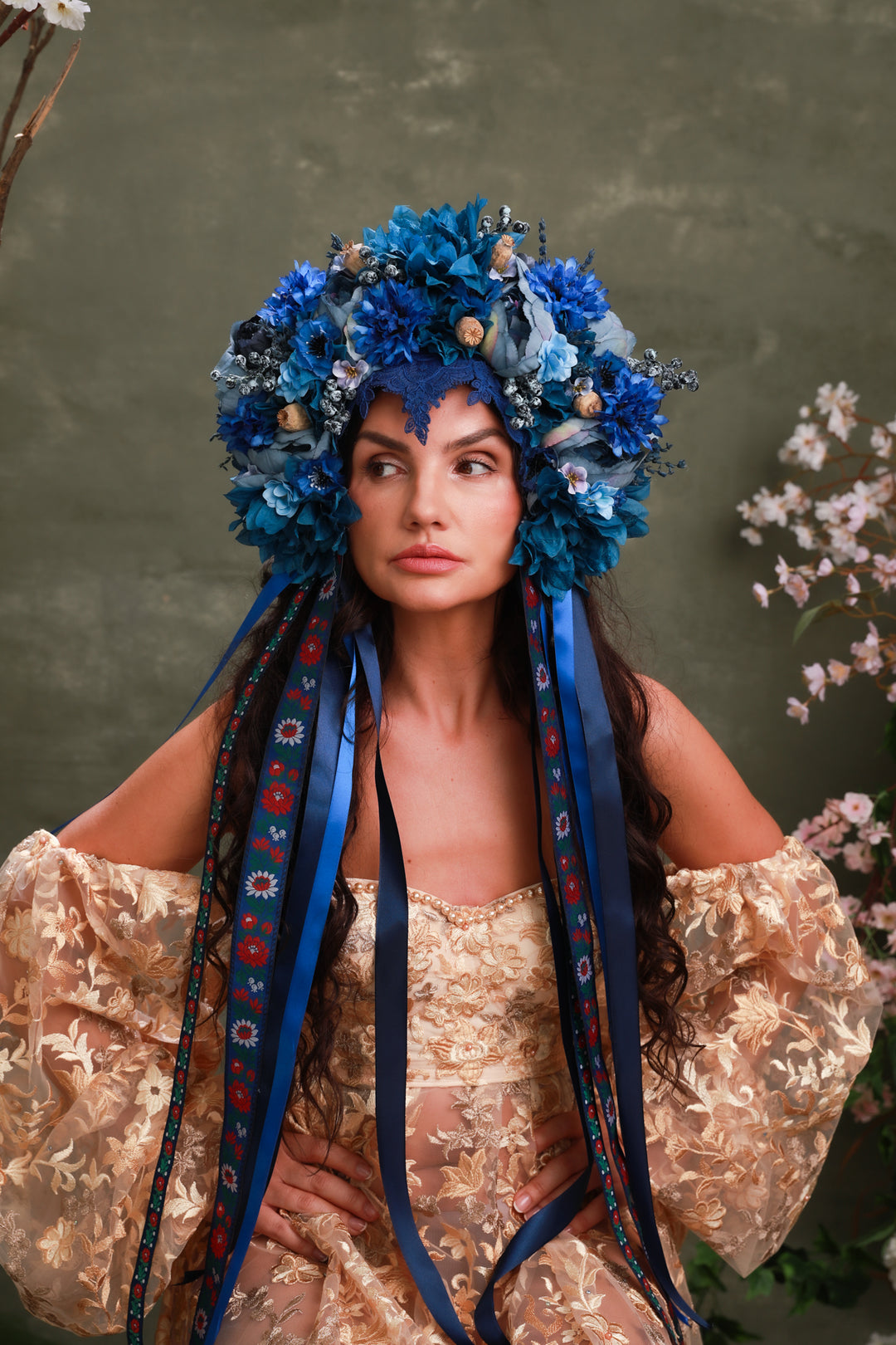 Blue Folk Bridal Crown with Cornflowers, Dahlias and Poppies – Artistic Wedding Headpiece – handmade floral hair accessory by magaela
