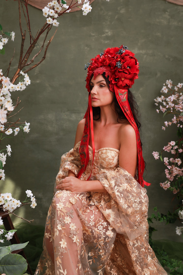 Red Folk Bridal Crown with Poppies, Roses and Berries – Bold Slovak Wedding Headpiece – handmade floral hair accessory by magaela