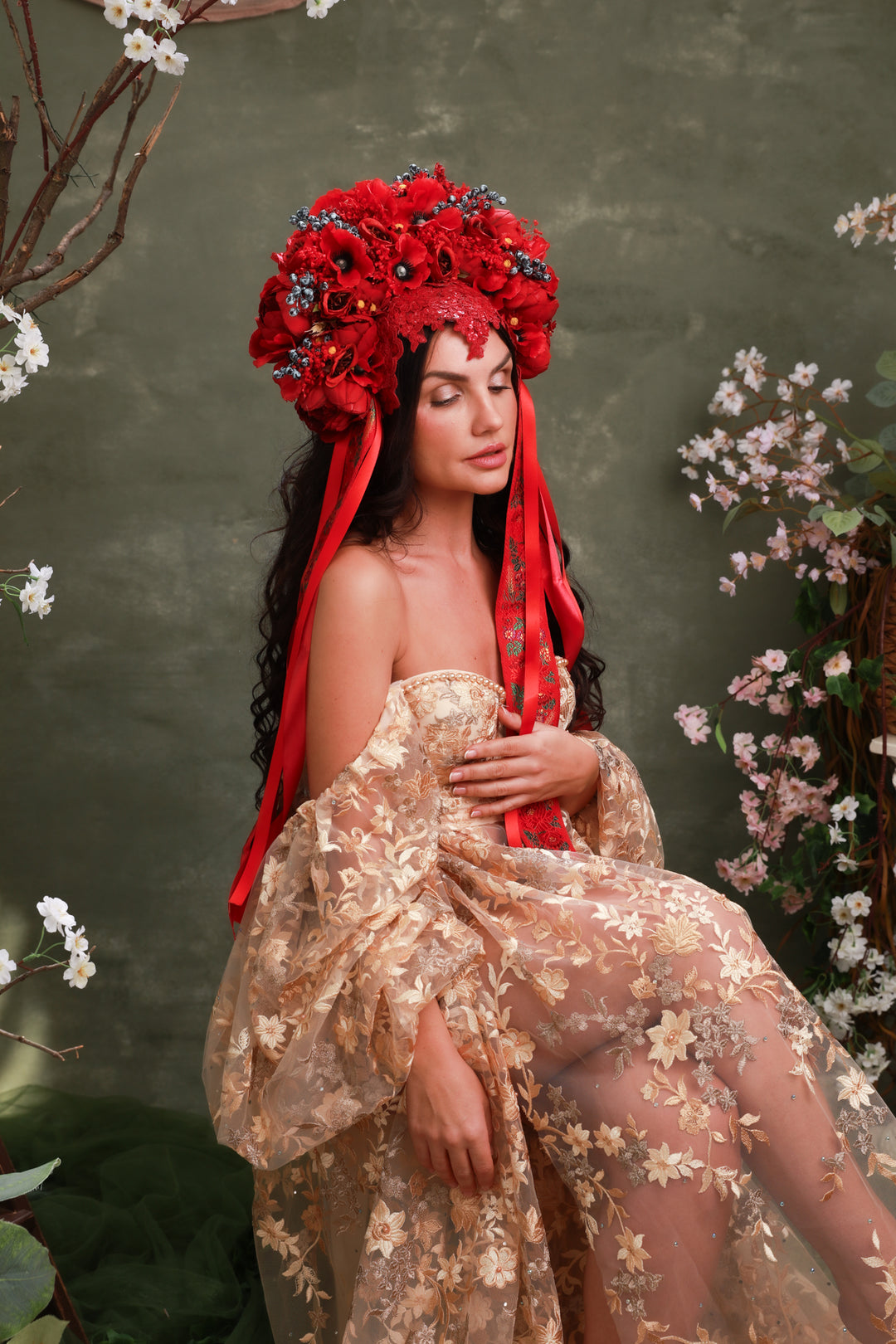 Red Folk Bridal Crown with Poppies, Roses and Berries – Bold Slovak Wedding Headpiece – handmade floral hair accessory by magaela