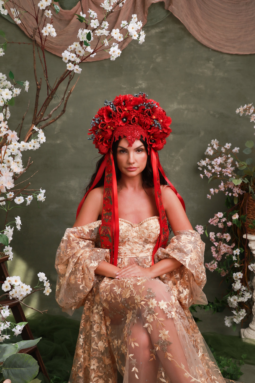 Red Folk Bridal Crown with Poppies, Roses and Berries – Bold Slovak Wedding Headpiece – handmade floral hair accessory by magaela