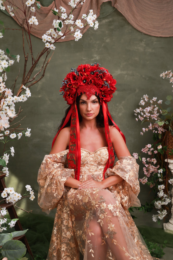 Red Folk Bridal Crown with Poppies, Roses and Berries – Bold Slovak Wedding Headpiece – handmade floral hair accessory by magaela
