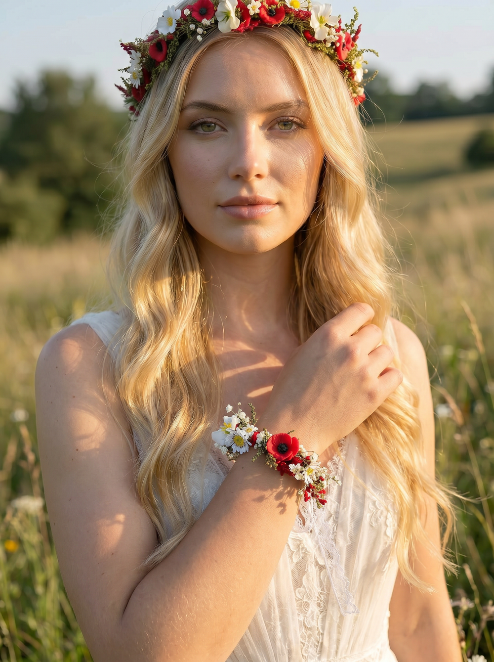 Woman with floral crown and bracelet standing in a field