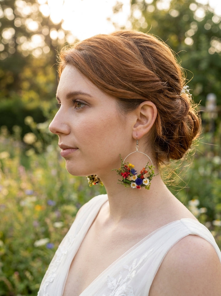 Woman wearing floral hoop earrings in a natural setting