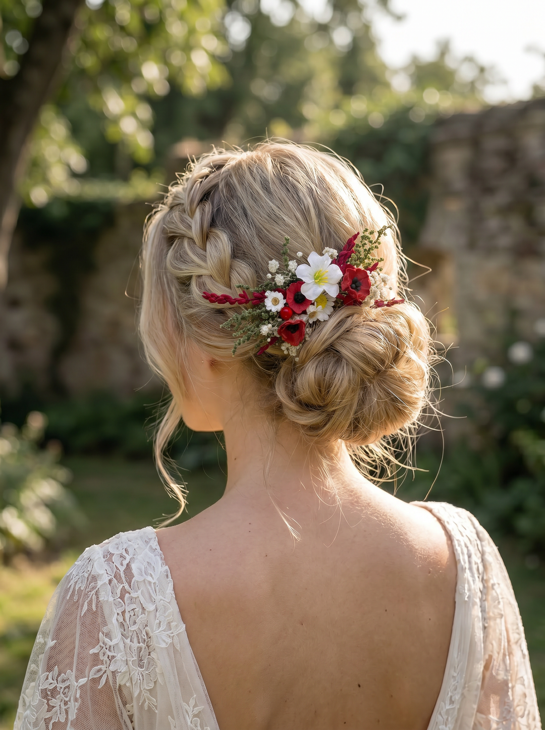 Woman with braided hair adorned with flowers in an outdoor setting