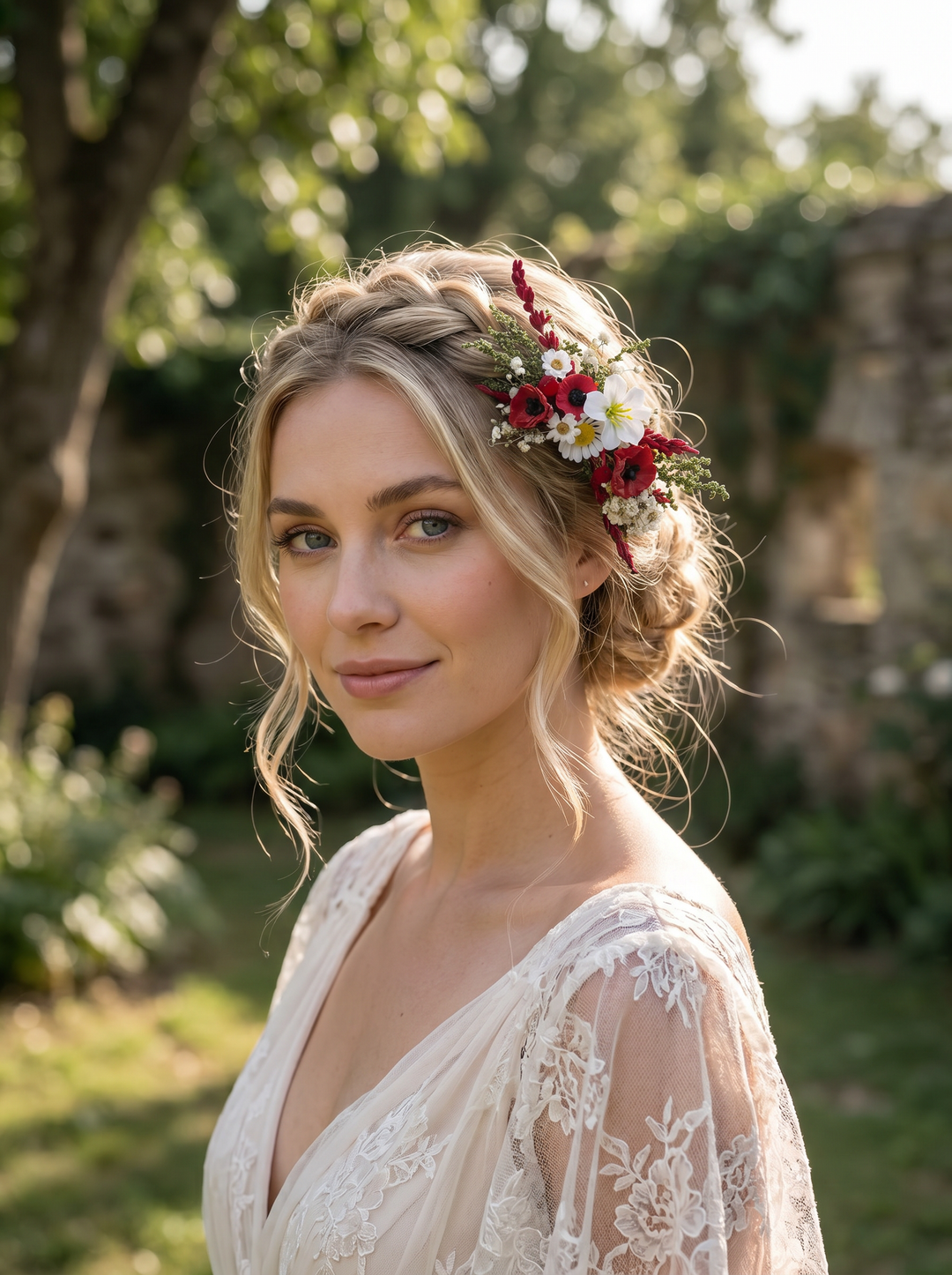 Woman with floral headpiece in a garden setting