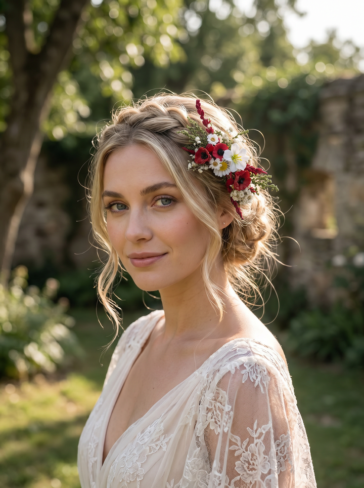 Woman with floral headpiece in a garden setting