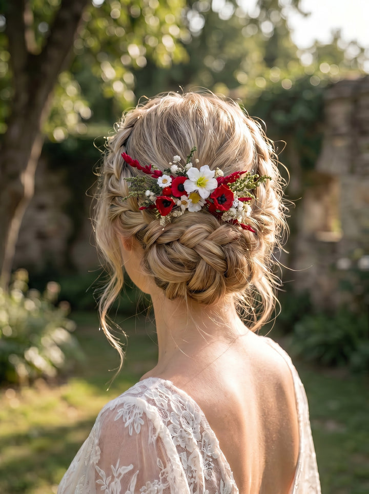Woman with braided hair adorned with flower hair comb in a garden setting
