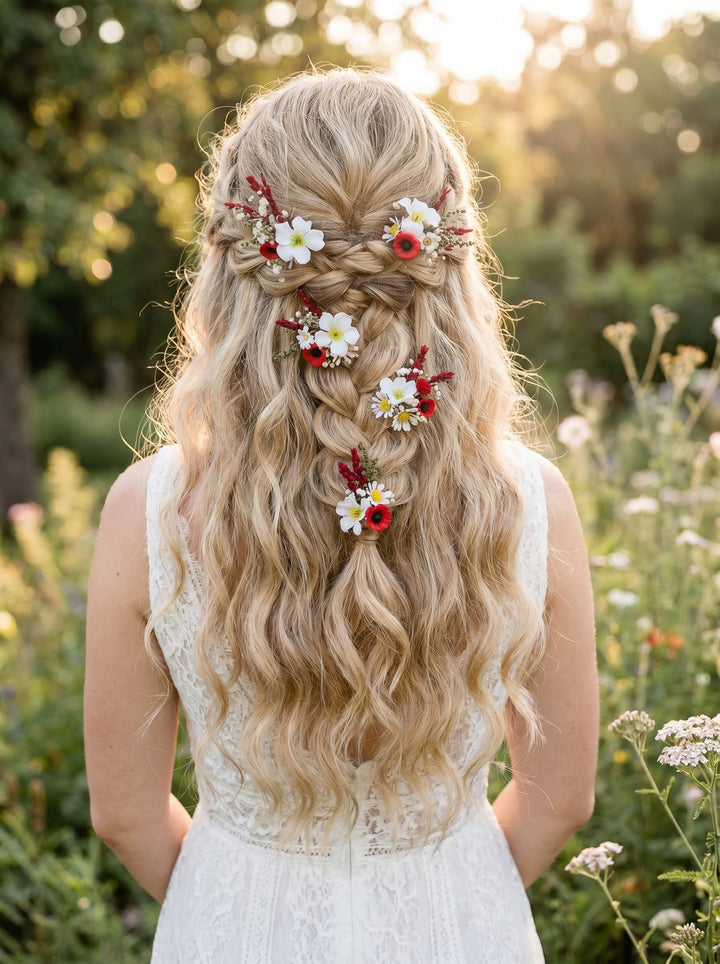 Woman with long blonde hair adorned with flower hairpins  in a garden setting