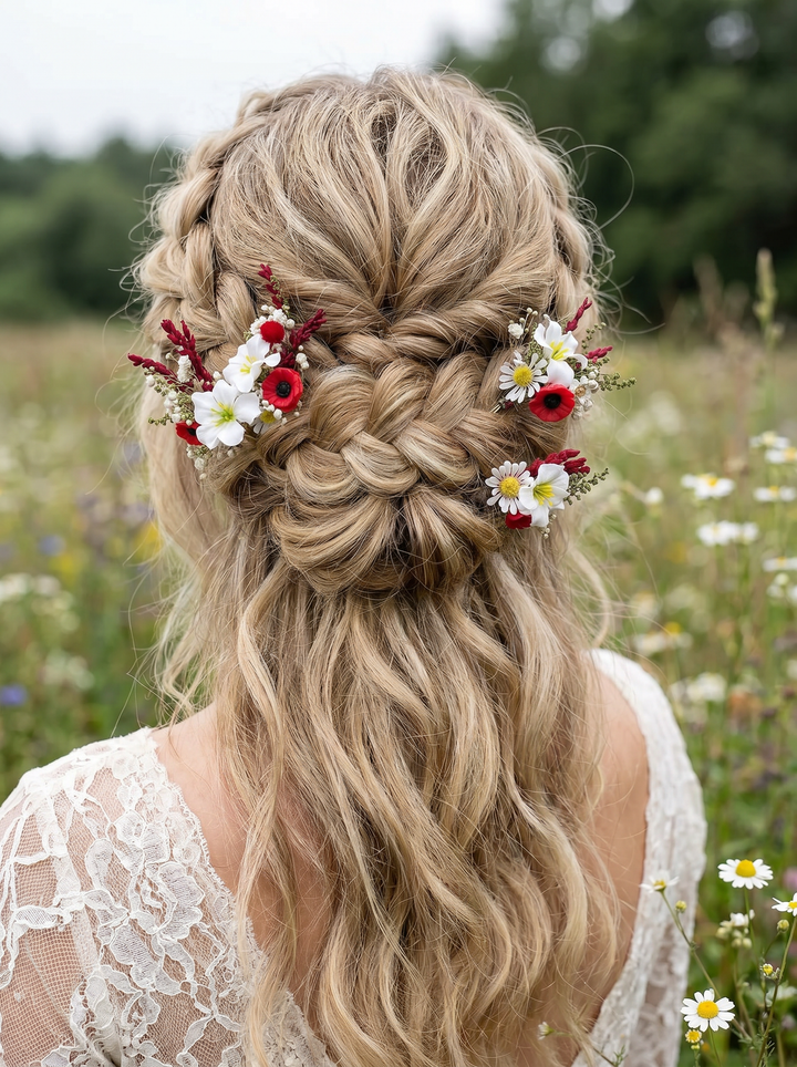 Woman with braided hair adorned with flower hair pins  in a field