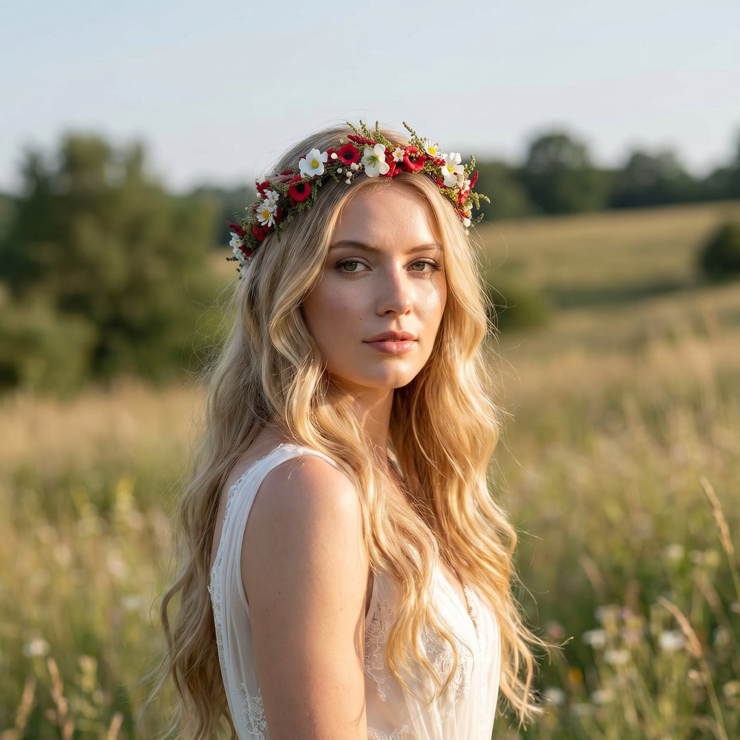 Woman with a floral crown in a field