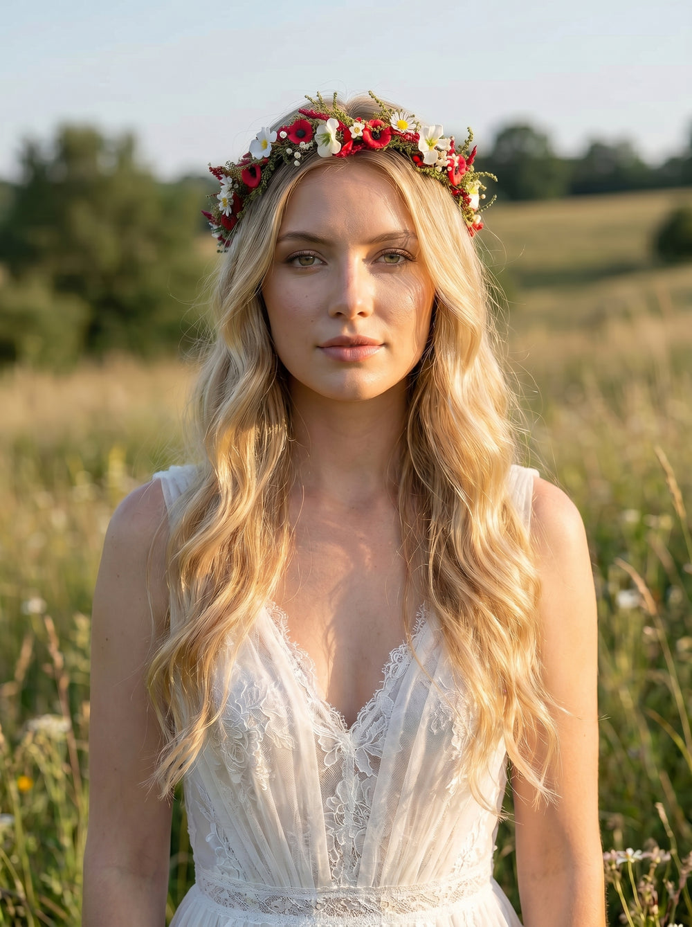 Woman with a floral crown standing in a field
