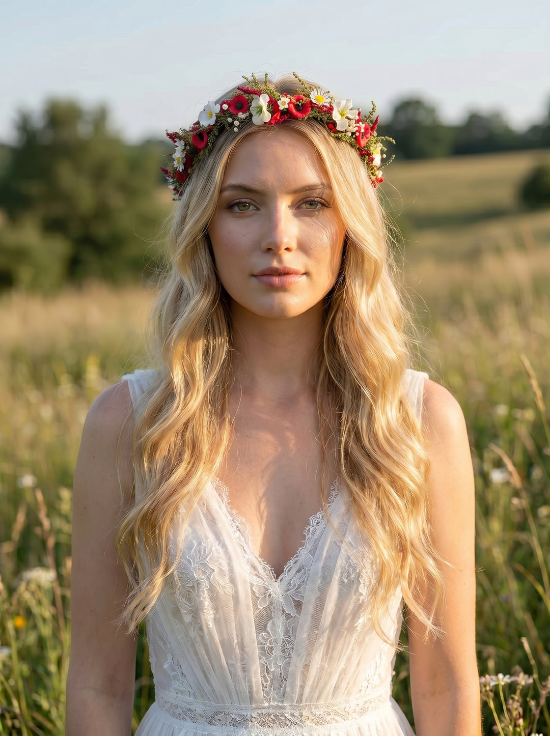 Woman with a floral crown standing in a field