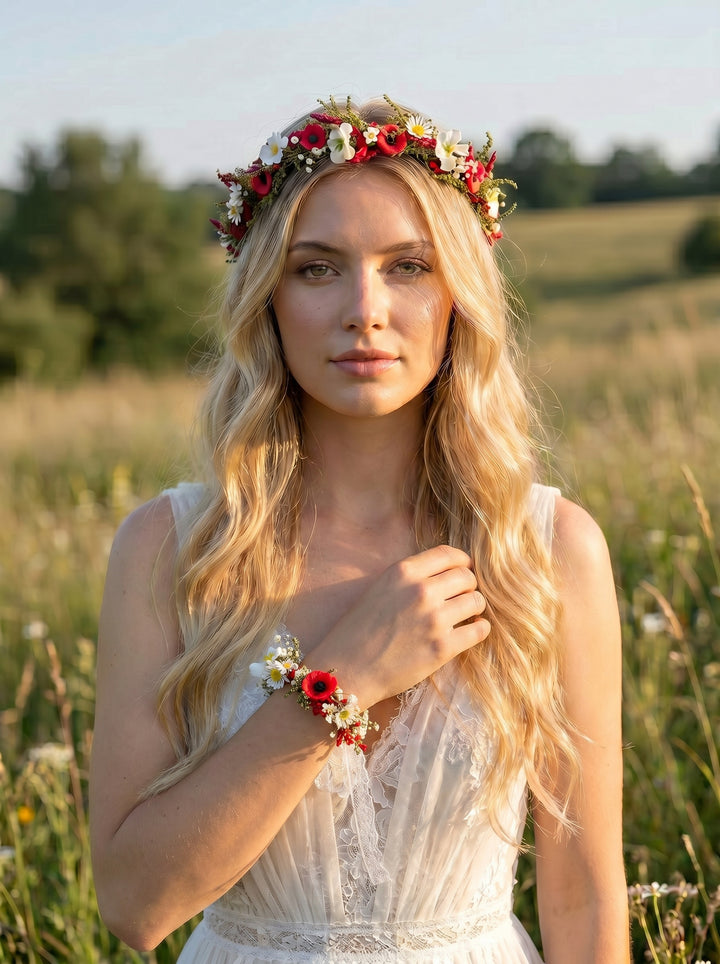 Woman with a floral crown and bracelet standing in a field