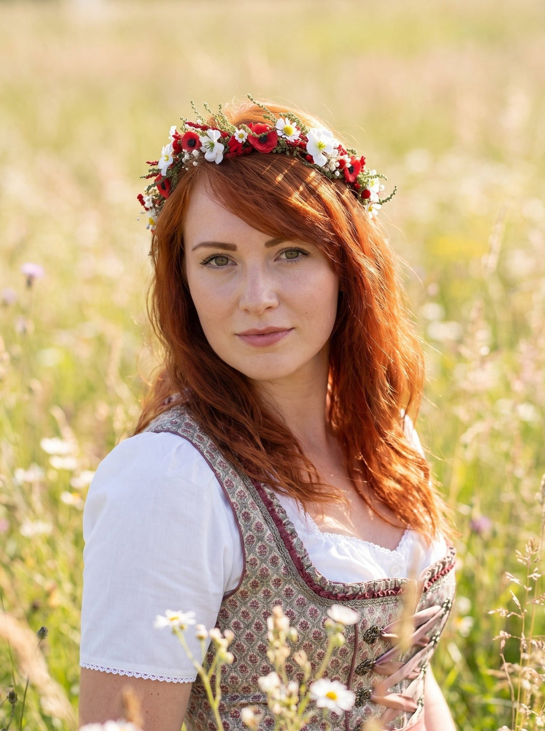 Folk Flower Wreath with Red Poppies and Daisies – Dirndl Accessory for Oktoberfest – handmade floral hair accessory by magaela