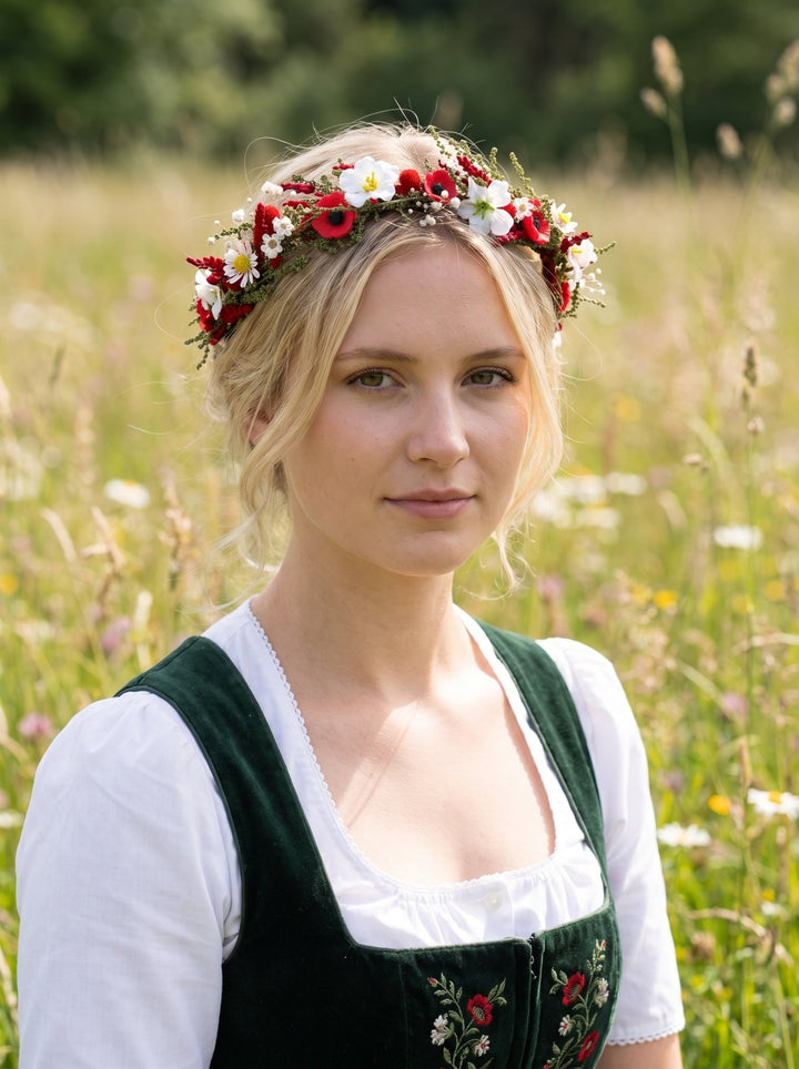 Folk Flower Wreath with Red Poppies and Daisies – Dirndl Accessory for Oktoberfest – handmade floral hair accessory by magaela