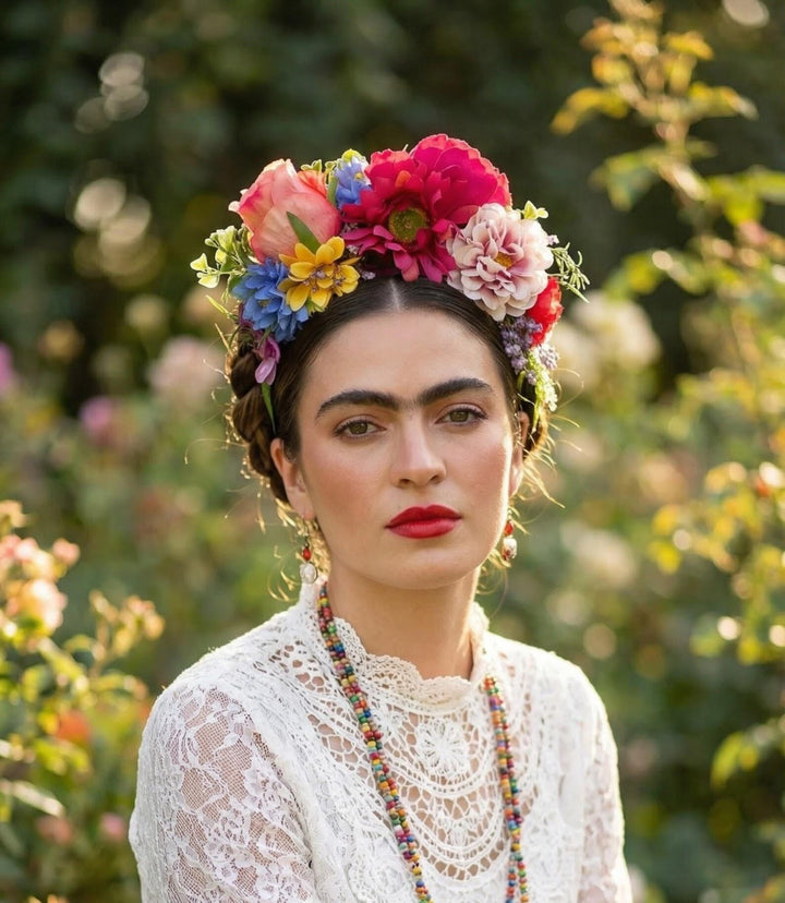Carnival flower headpiece: pink, yellow and blue Frida headband – handmade floral hair accessory by magaela