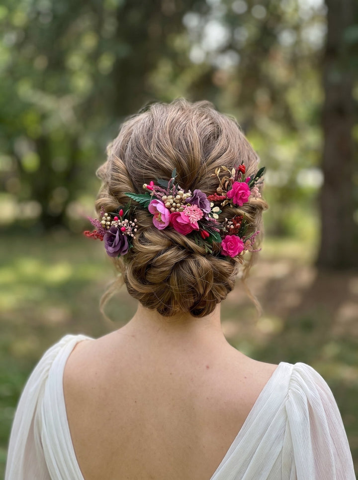 Fuchsia Flower Bridal Hair Comb & Purple Hair Pin Set – handmade floral hair accessory by magaela