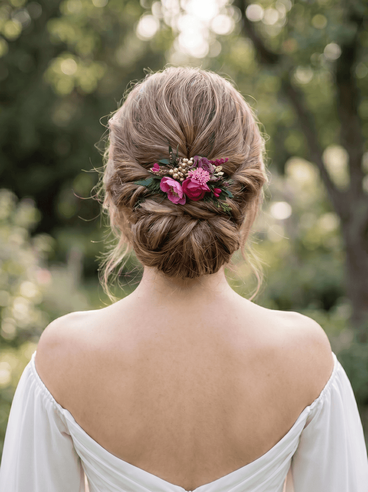 Fuchsia Flower Bridal Hair Comb & Purple Hair Pin Set – handmade floral hair accessory by magaela