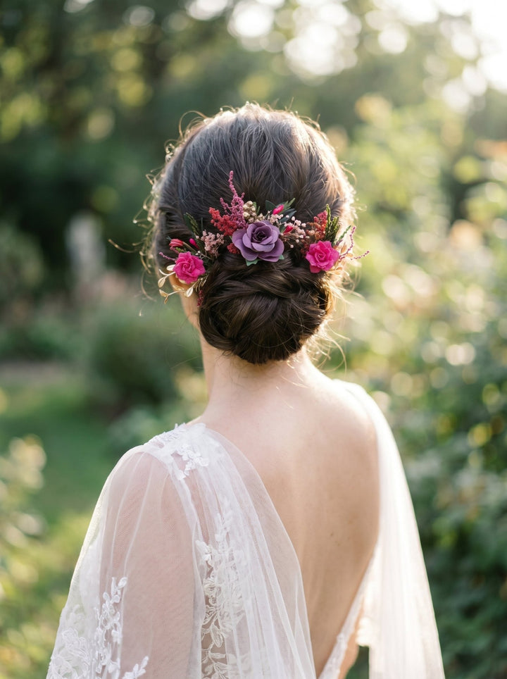 Fuchsia Flower Bridal Hair Comb & Purple Hair Pin Set – handmade floral hair accessory by magaela