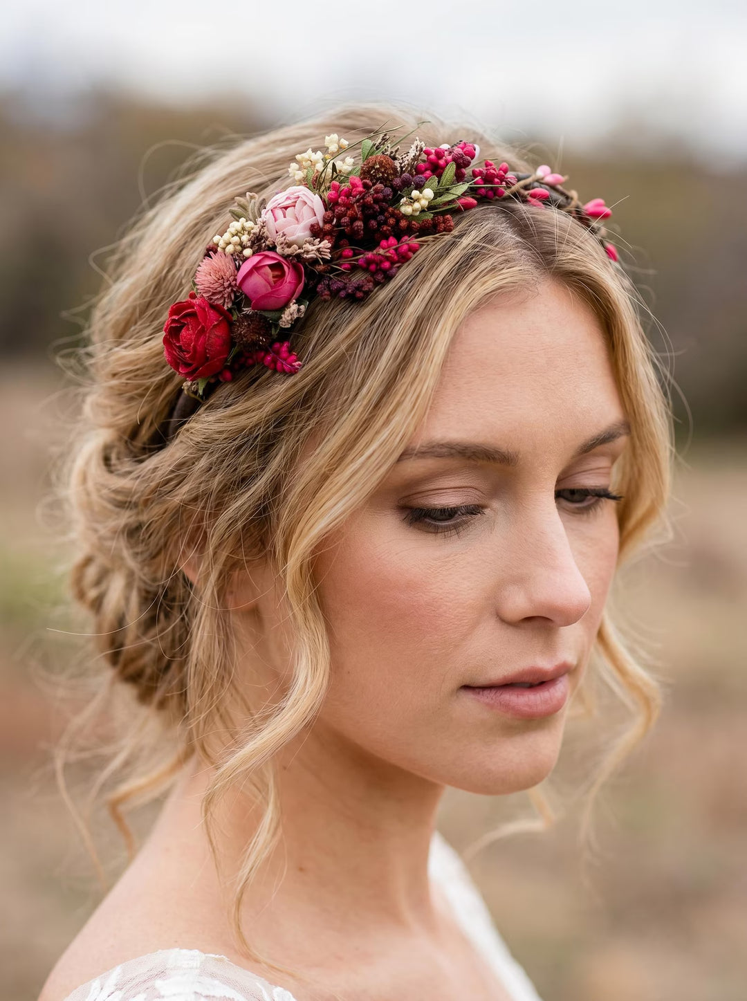 Woman with floral headpiece in a natural setting