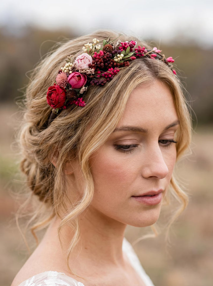 Woman with floral headpiece in a natural setting