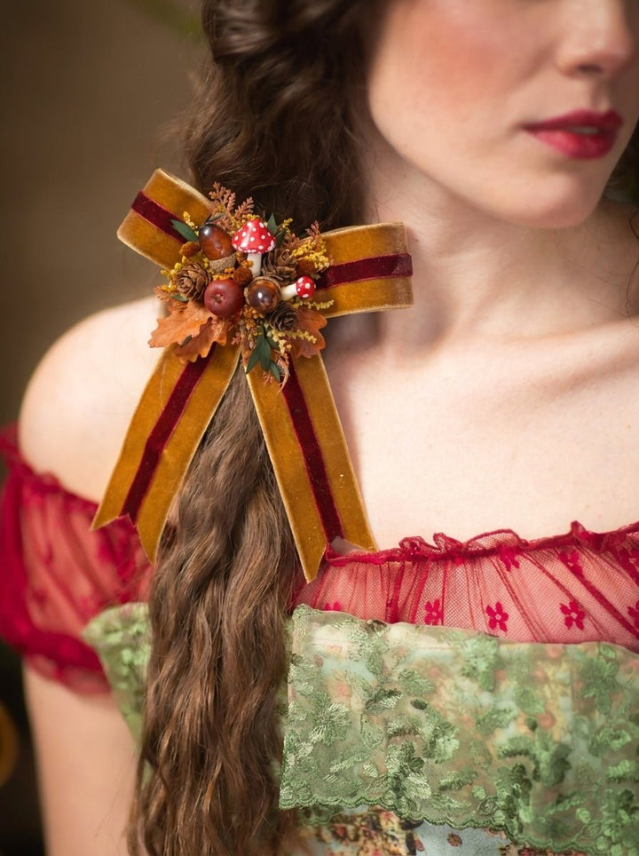Mustard Gold and Burgundy Woodland Hair Bow Clip | Handmade Toadstool – handmade floral hair accessory by magaela
