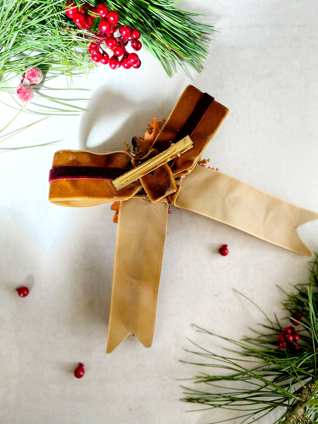 Mustard Gold and Burgundy Woodland Hair Bow Clip | Handmade Toadstool