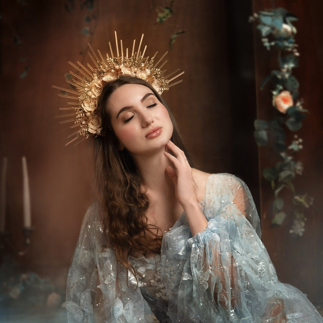 Gold Sun Ray Halo Crown – Apricot and Gold Luxury Bridal Headpiece – handmade floral hair accessory by magaela
