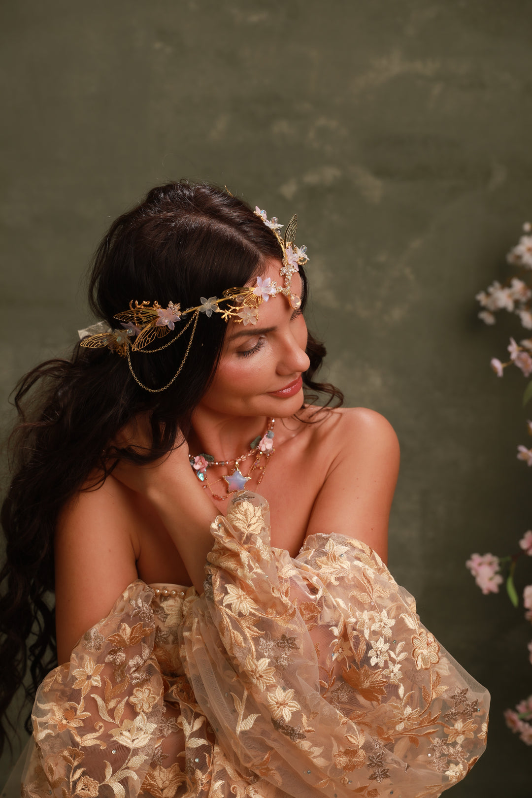 Gold Butterfly Crown with Pearl White Flowers and Crystal Chains - Fairy Tiara
