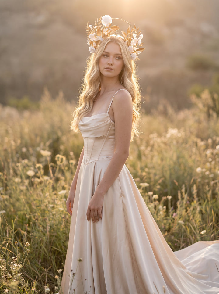A woman stands in a sunlit field wearing a flowing champagne wedding dress with a floral crown. The warm backlight creates a soft glow around her hair, and the blurred grassy background enhances the romantic outdoor setting.