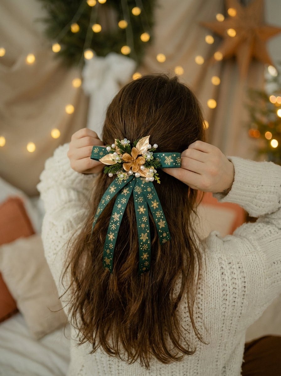 Green Christmas Hair Bow Clip | Gold Snowflakes and Floral Details – handmade floral hair accessory by magaela