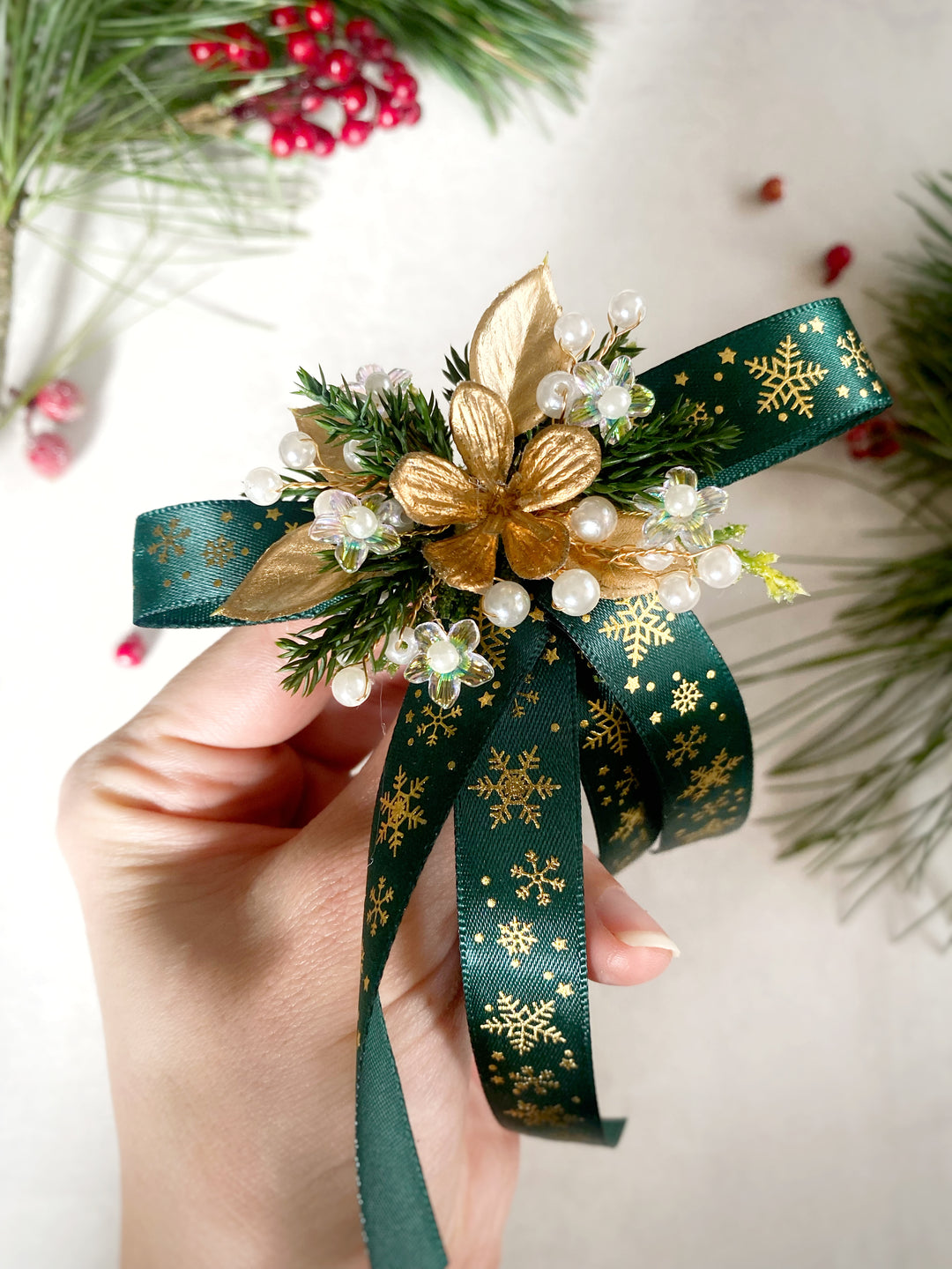 Green Christmas Hair Bow Clip | Gold Snowflakes and Floral Details