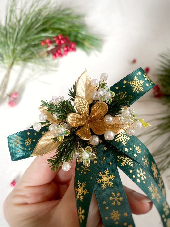 Green Christmas Hair Bow Clip | Gold Snowflakes and Floral Details